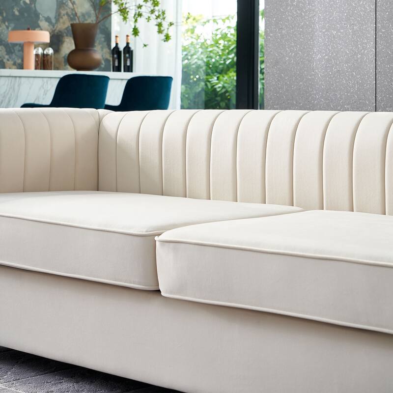 Modern Velvet Sofa with Channel Tufting & Gold Steel Legs - 3 Seater Couch