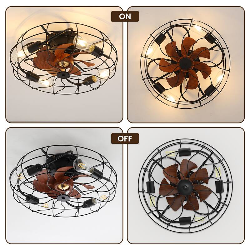 20 Inch Industrial Caged Ceiling Fan with Light, Matte Black, 6-Speed Reversible DC Motor, Remote, E26 Bulbs Included