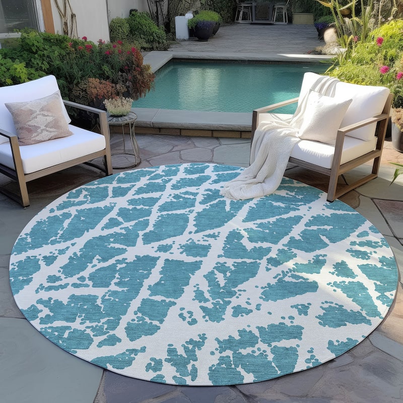 Machine Washable Indoor/ Outdoor Transitional Teal Crackle Chantille Rug - Teal - 8' x 8'