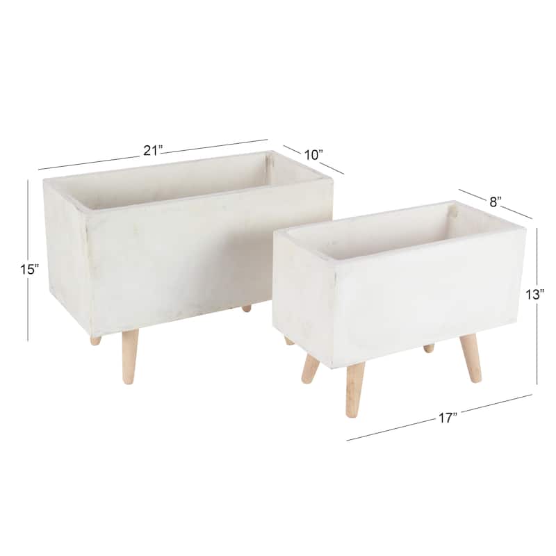 Fiberclay Ceramic Rectangular Indoor Outdoor Planter with Brown Wooden Legs - Set of 2 White - Roche River Decor