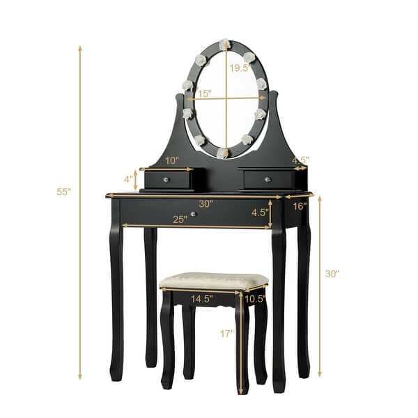 Gymax Bedroom Vanity Set Makeup Dressing Table W 3 Drawers 10 Led Bulb Black Overstock 29025955 3 Piece Vanity Mirror And Bench Set Antique Black