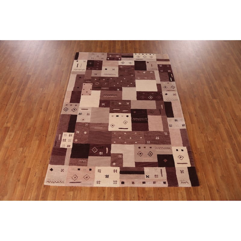 Geometric Modern Indian Area Rug Handmade Purple Wool Carpet - 5'3" x 7'7"