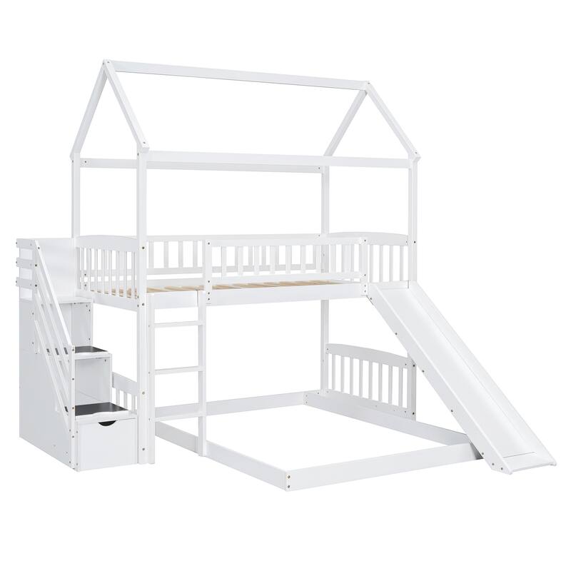 Twin Over Full Bunk Bed with Slide and Storage, White/Gray, Space-Saving Design