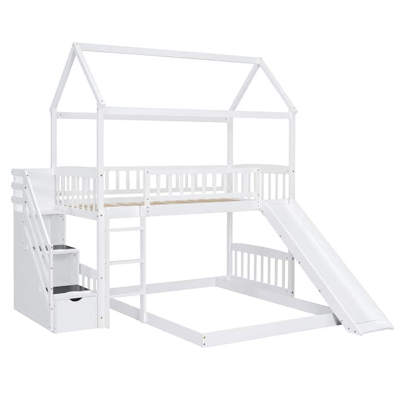 Twin over Twin Size Pine Wood Bunk Bed with Two Drawers and Slide for Kids