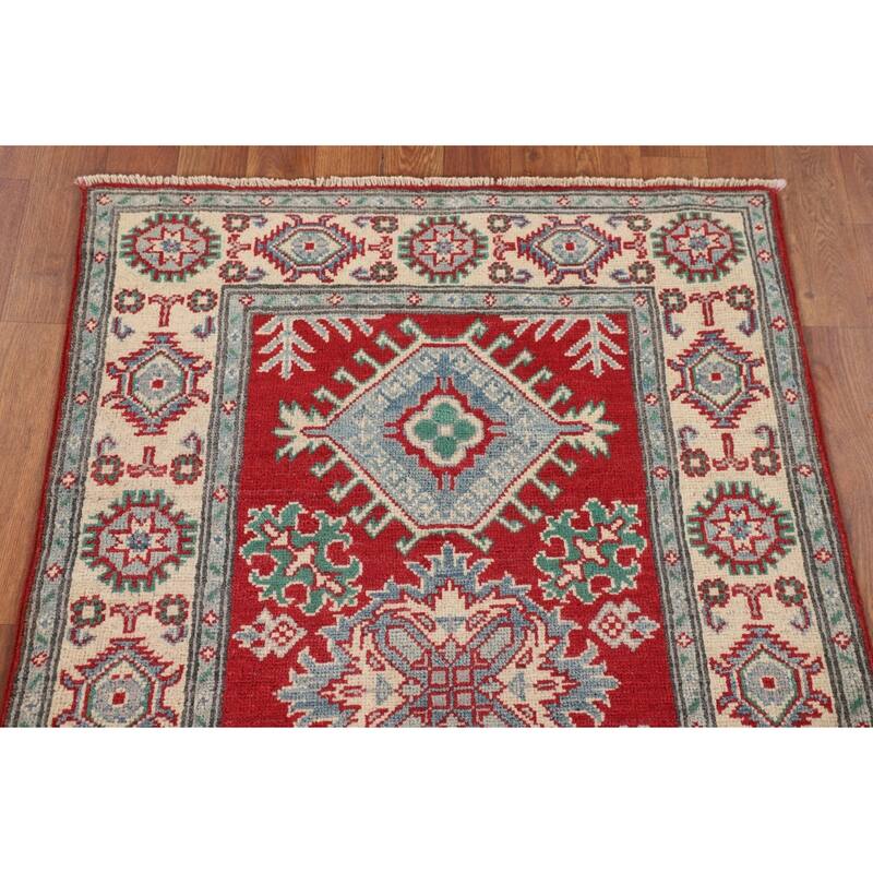 Geometric Red Kazak Accent Rug Hand-Knotted Bedroom Wool Carpet - 2'9" x 3'10"