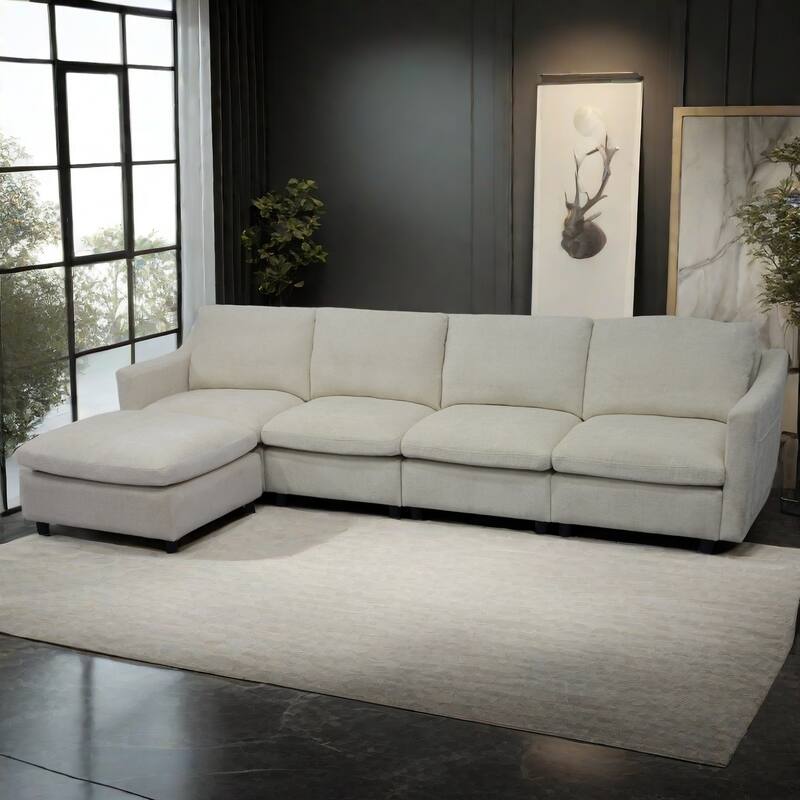 4-Seater Modern Beige Fabric Modular Sofa with Ottoman, Armrest Pockets and 4 Pillows