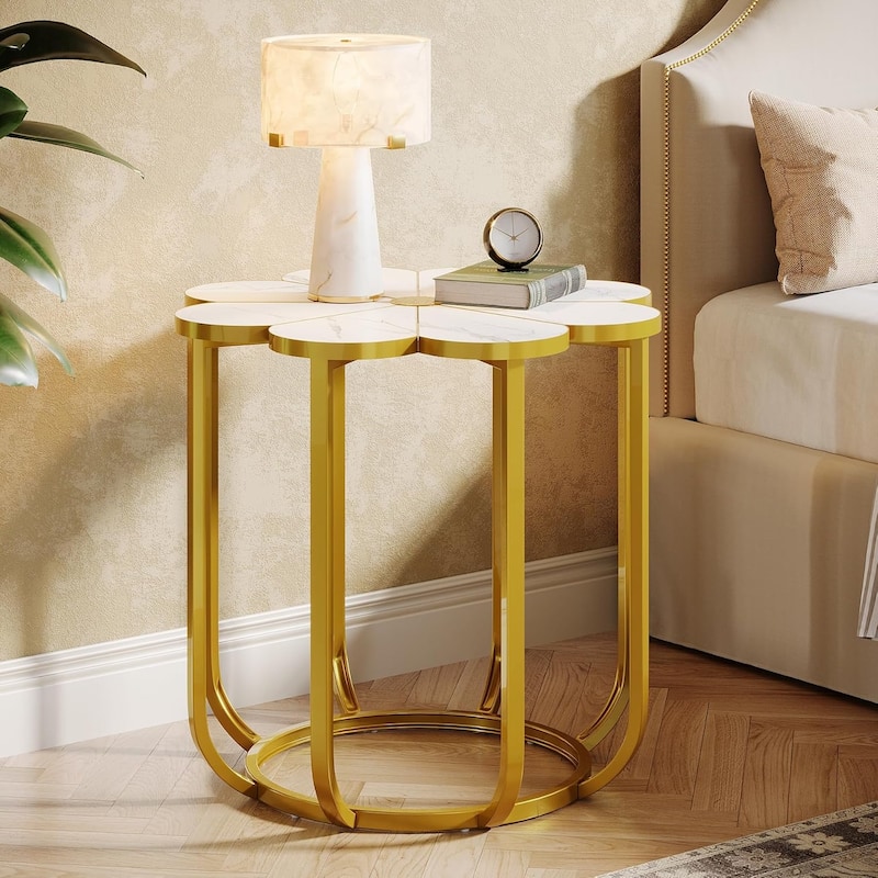 23.62-Inch Flower Side Table, Modern Faux Marble End Table with Gold Metal Frame