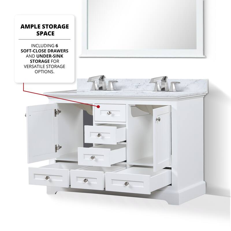 Dukes 48 in. W x 22 in. D White Double Bath Vanity, Carrara Marble Top, Faucet Set, and 46 in. Mirror