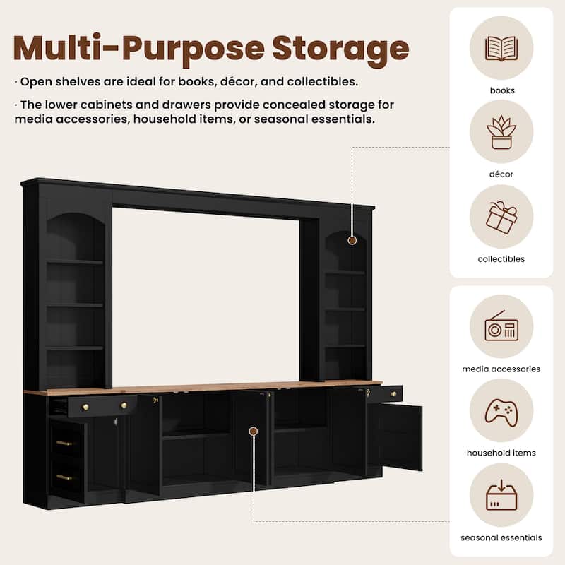 Farmhouse Arched Entertainment Center Wall Unit with Bookshelf,for TVs Up to 70",106"Multi-Functional Media Console with Drawer