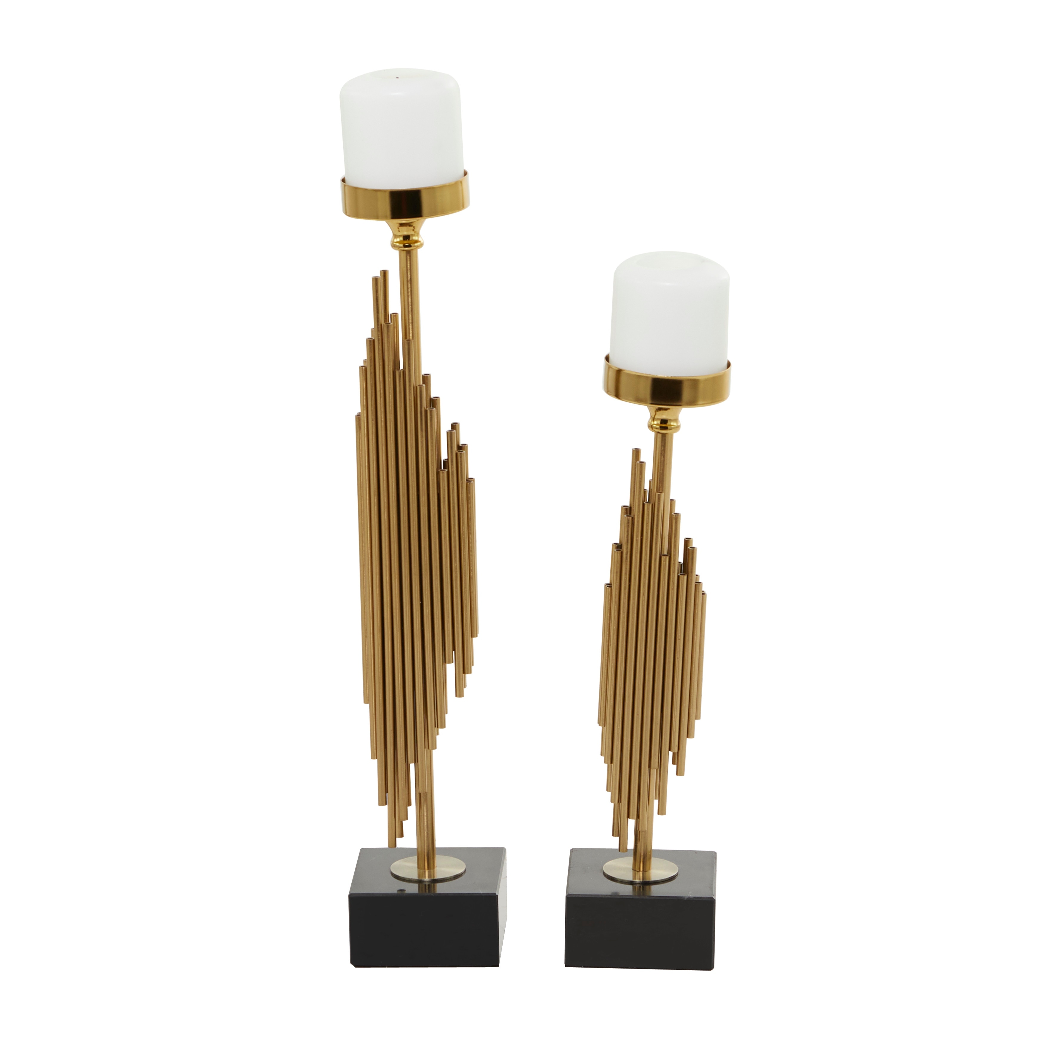 Roche River Decor - Stainless Steel Metal Abstract Vertical Pipe Candle Holder with Black Marble Base - Set of 2 Gold