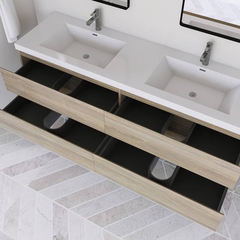 Modern Wall-Mounted Bathroom Vanity with White Solid Surface Top
