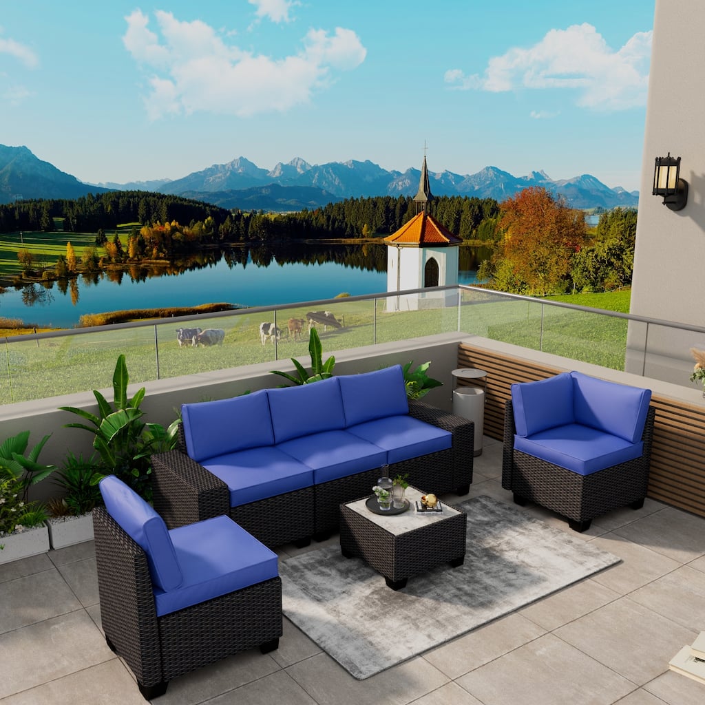 6-Piece PE Rattan Patio Sectional Set, Modular Outdoor Sofa, Coffee Table & Thick Cushions