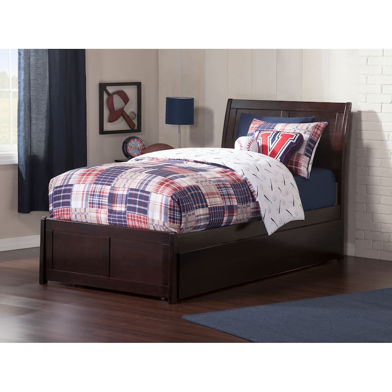 Platform Bed with Trundle - Twin Size, Walnut Finish - Modern Bedroom Furniture Set with Footboard
