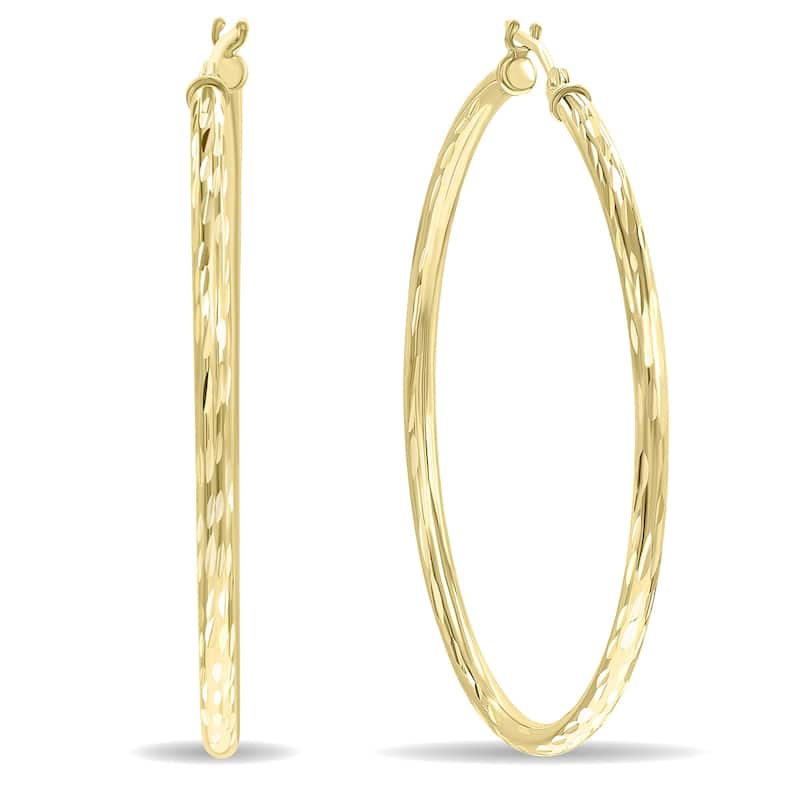 Marquee Jewels 10K Yellow Gold Shiny Diamond Cut Engraved Hoop Earrings (40mm)