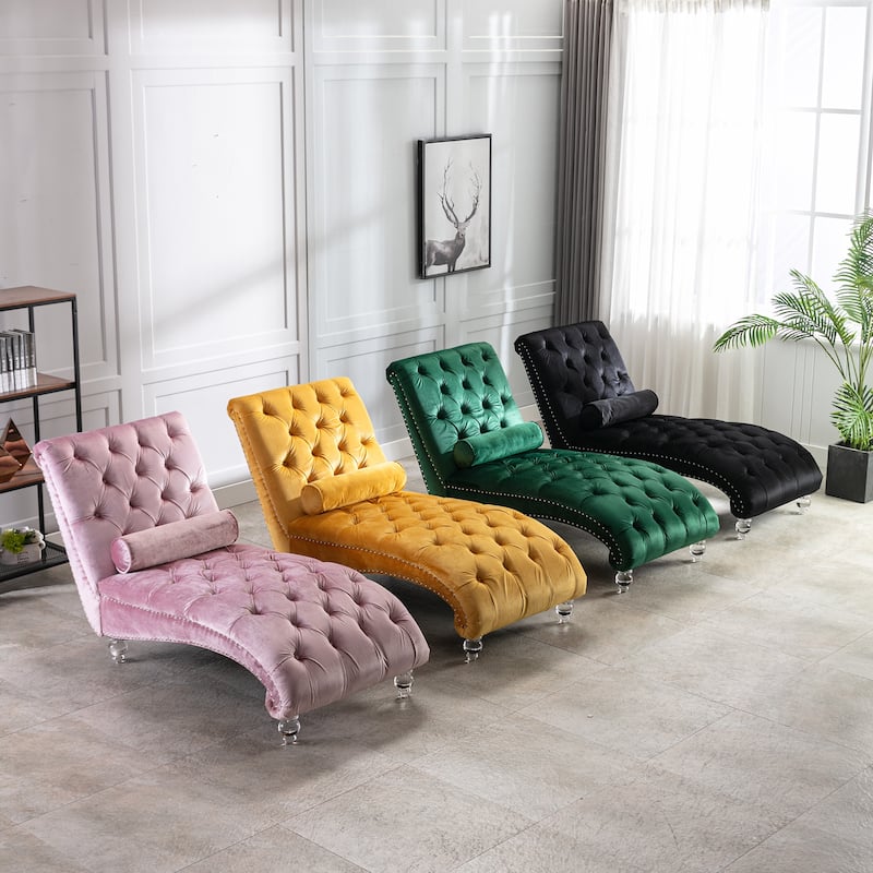 Pink 63.98" Buttons Tufted Chaise Lounge Chair with Pillow
