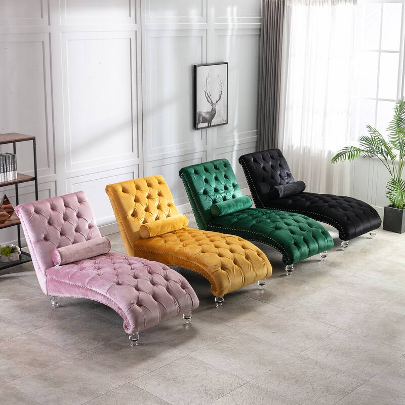 Velvet Tufted Chaise Lounge Chair Ergonomic S Shape Recliner with Pillow, Nailhead Trim and Acrylic Legs for Indoor Use