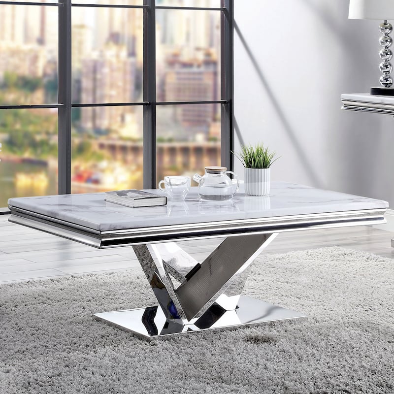 Kaliki Glam 51-inch Faux Marble Top Coffee Table with Chrome Pedestal Base by Furniture of America - Chrome