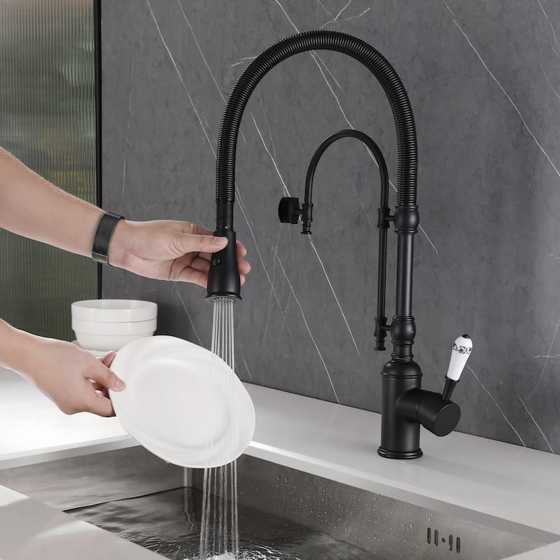 Modland Single Handle Pull-Down Kitchen Faucet with Dual Spray, 360 Swivel, Ceramic Cartridge, Brushed Gold/Matte Black