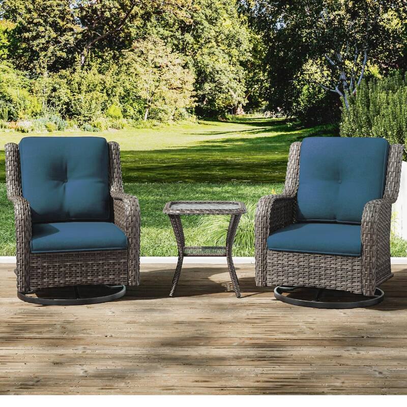 3-Piece Rattan Table Chairs Set with 2 Swivel Chair and Glass Coffee Table, Outdoor Sectional Conversation Set Sofa Chairs Sets - Blue Grey