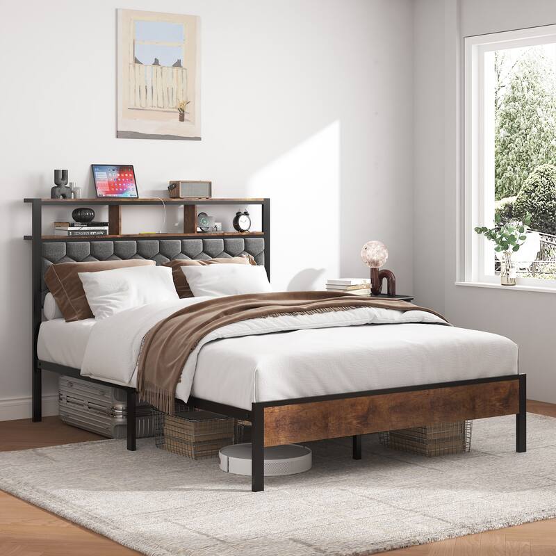 Roomfitters Wood Platform Bed Frame with Upholstered Headboard, Charging Station, No Box Spring Needed, Brown - Full