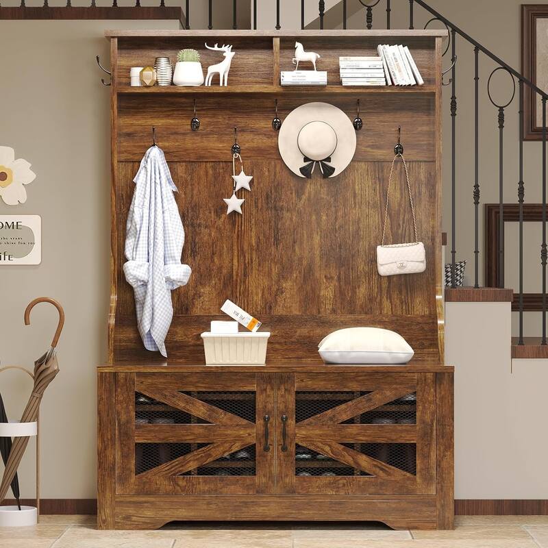 Hall Tree w/ Bench Shoe Storage Shoe Cubby Barn Door Adjustable Shelf