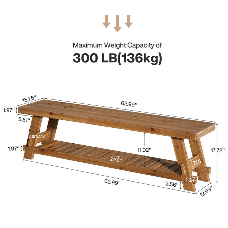 2 Tier Solid Wood Shoe Rack Bench for Entryway - 62.99" L x 13.78" W x 17.72" H