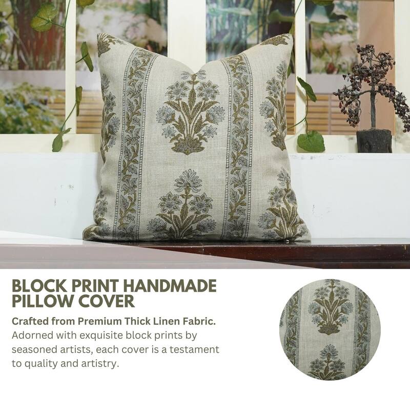 Fabdivine Decorative Floral Cushioncase for Bed or Sofa Rustic Heavy Linen Handblock Print Grey Pillow Cover, Morpankh