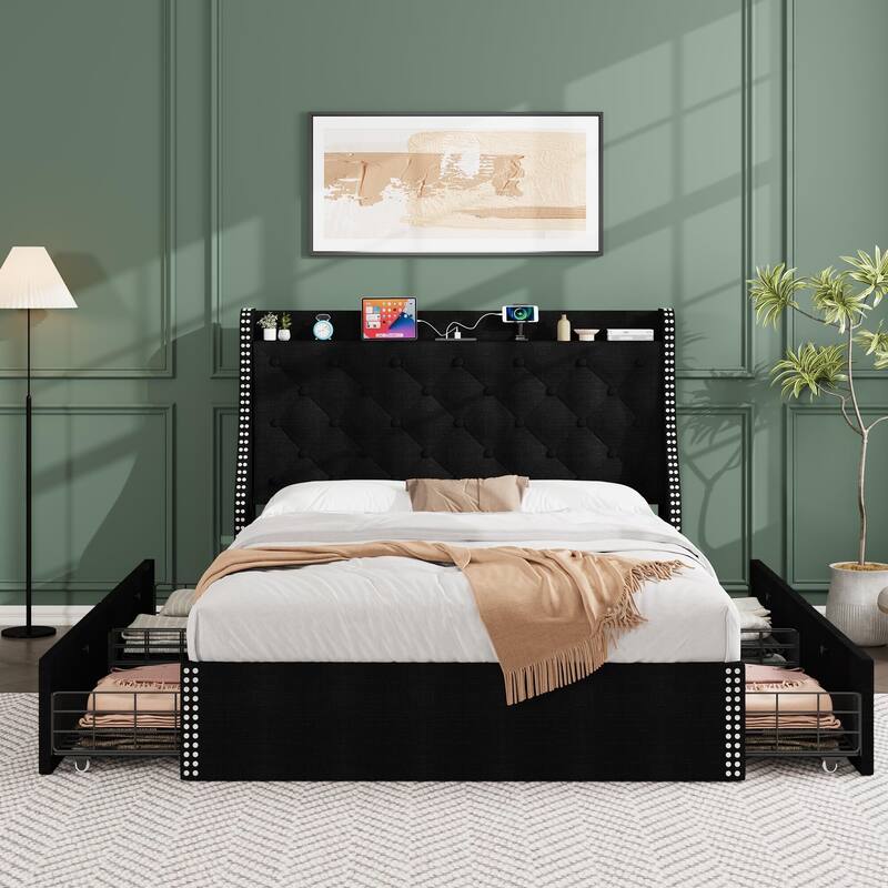 Bed Frame with 4 Storage Drawers and Headboard - Black_Queen - Queen