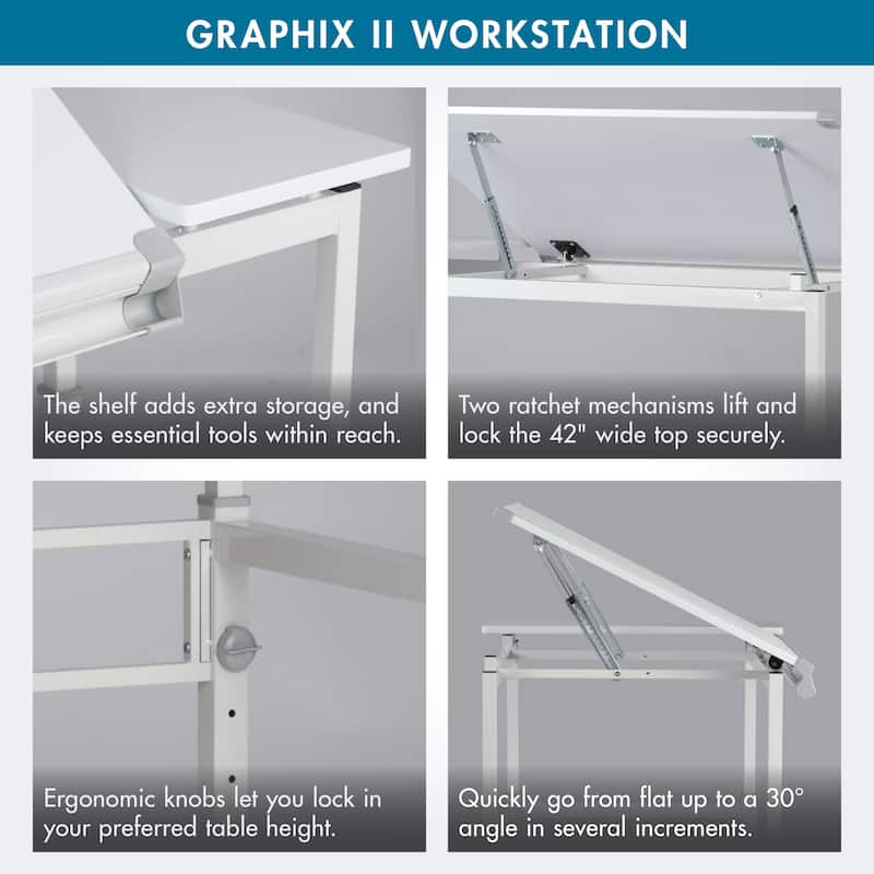 Studio Designs Graphix II White Drafting Drawing Work Station Table with Adjustable Top
