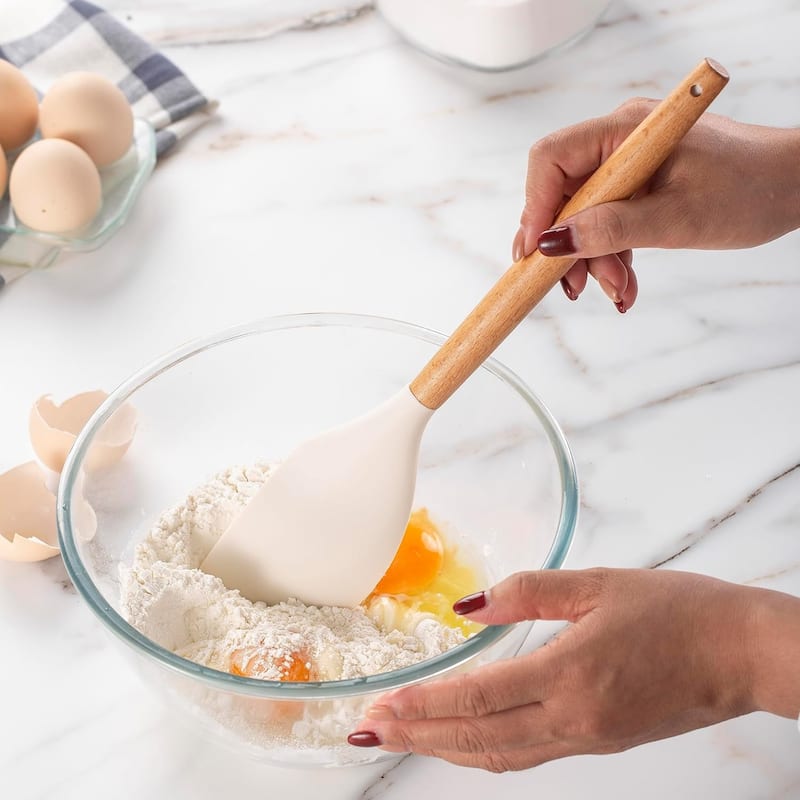 Country Kitchen Non Stick Silicone Utensil Set with Rounded Wood Handles for Cooking and Baking, 14 Piece Set