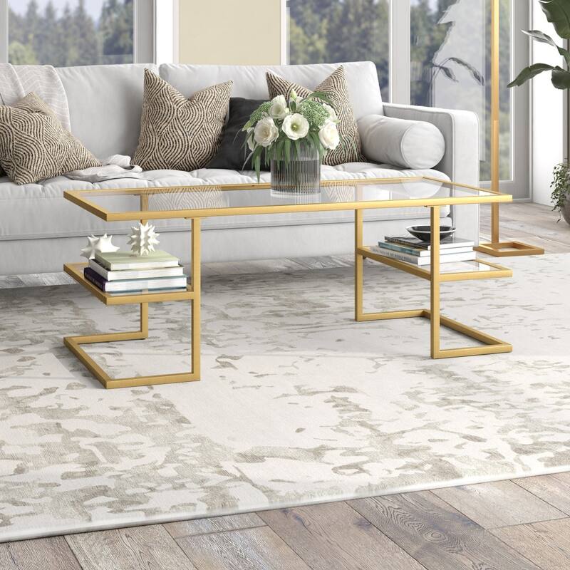 Sleek 47 Inch Rectangular Coffee Table with Glass Top and Steel Frame 2 Shelves for Storage - 47"L x 22"W x 18"H