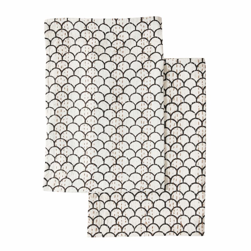 Melange Home Hand Stitched Scallop Block Print Kantha Coverlet and Shams