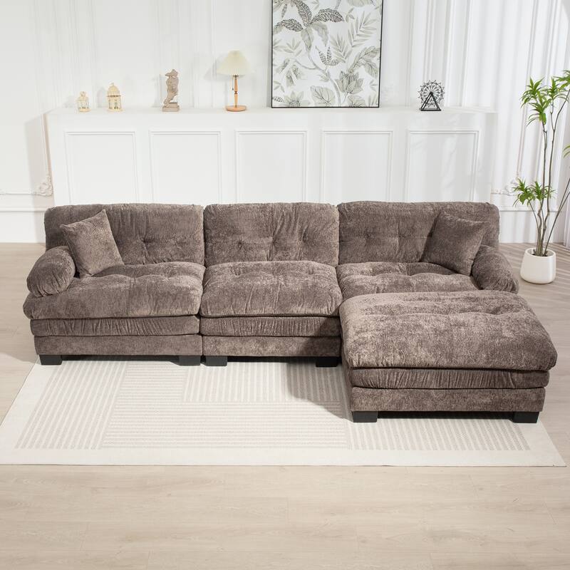 Modern 3 Seat L Shaped Modular Sectional Sofa with Chenille Upholstery and Ottoman for Living Room and Guest Room