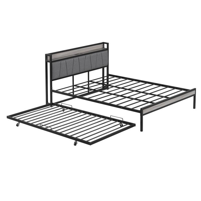 HomeRoots Black and Gray Metal And Upholstery Queen Bed Frame With Trundle