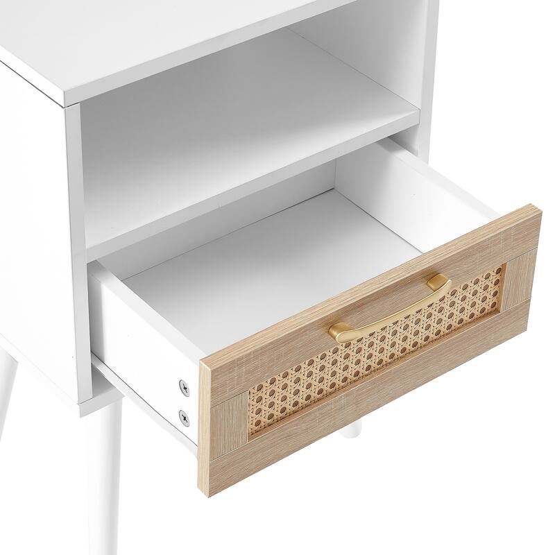 15.75" Rattan End table with Power Outlet & USB Ports, nightstand with drawer and solid wood legs, side table