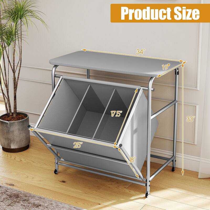 Gymax 3-Section Laundry Sorter w/ Foldable Ironing Board w/ 3