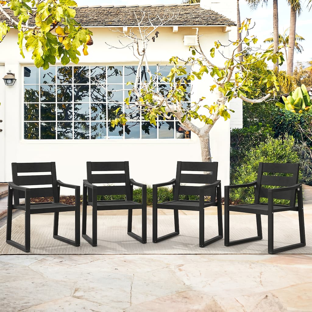 All-Weather Set of 4 Outdoor Armchair with Curved Back Plastic Wood Patio Dining Chair