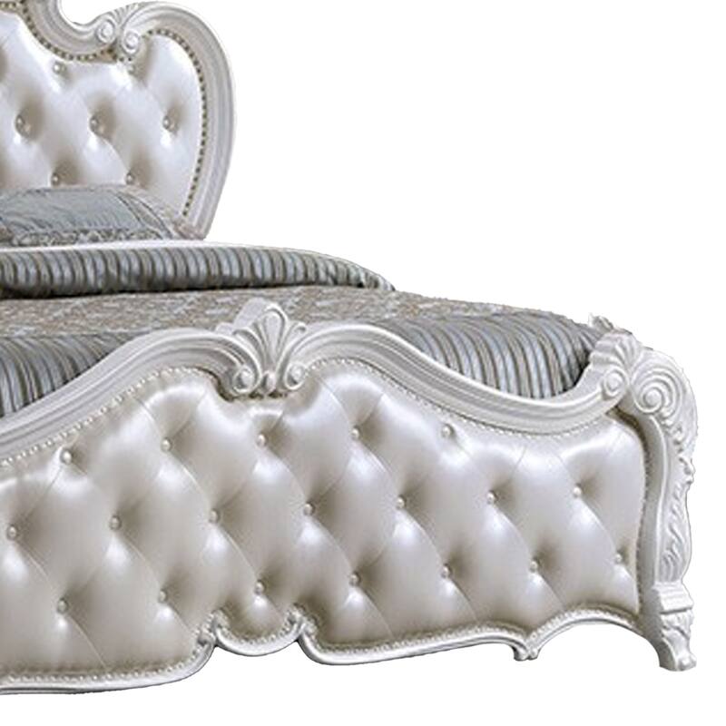 Venta King Size Bed, Pearl White Button Tufted Faux Leather Upholstery