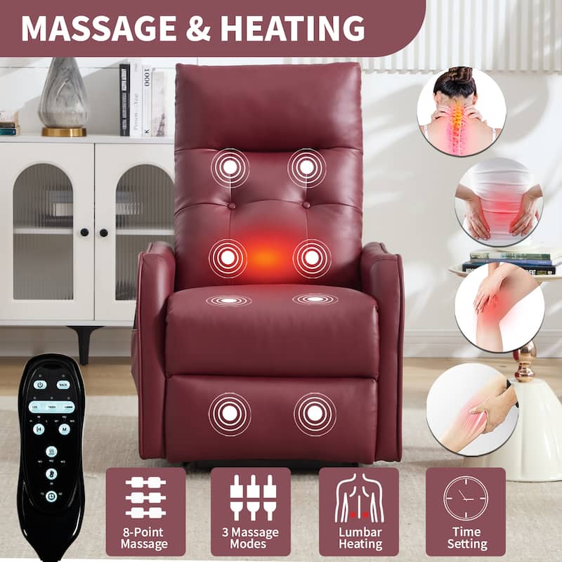 PU Leather Recliner with Single Motor Lift Massage Heat and 155 Degree Recline