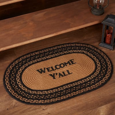 Farmhouse Jute Rug Oval Stencil Welcome Y'all w/ Pad 20x30 - 20" x 30"