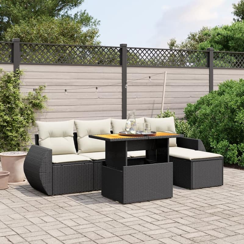 vidaXL Patio Sofa Set with Cushions Outdoor Furniture 6 Piece Poly Rattan - 21.7 x 24.4 x 27.2 - Black and Cream-without storage