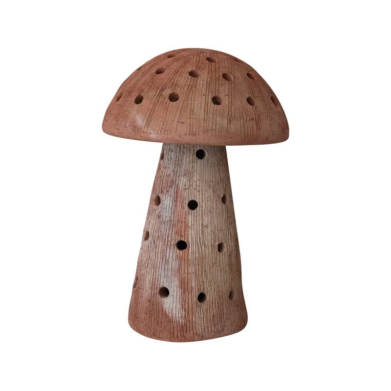 Handmade Terra-cotta Mushroom Shaped Candle Holder with Cut-Outs - 8.0"L x 8.0"W x 12.0"H