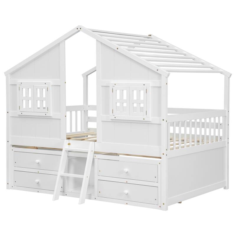 Full Size House Loft Bed with Roof, Windows, 4 Drawers, Ladder, White Pine Wooden Bed
