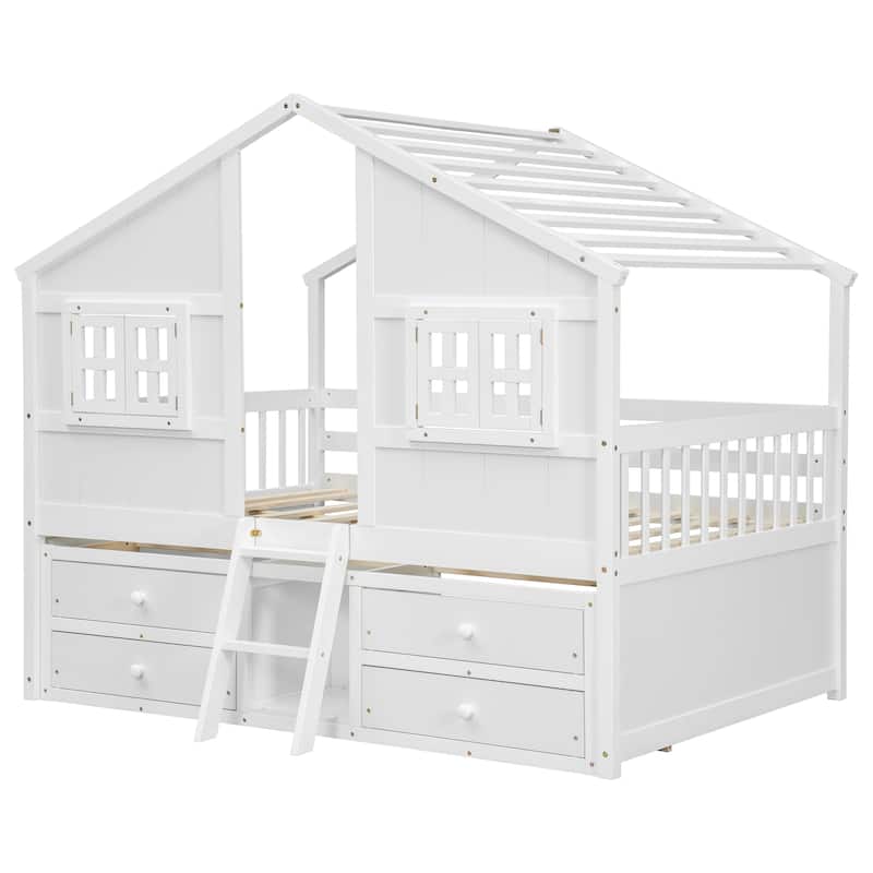 Full Size House-shaped Loft Bed with House Roof Frame Skylight Windows 4 Storage Drawers Guardrails and Stairs for Kids' Room