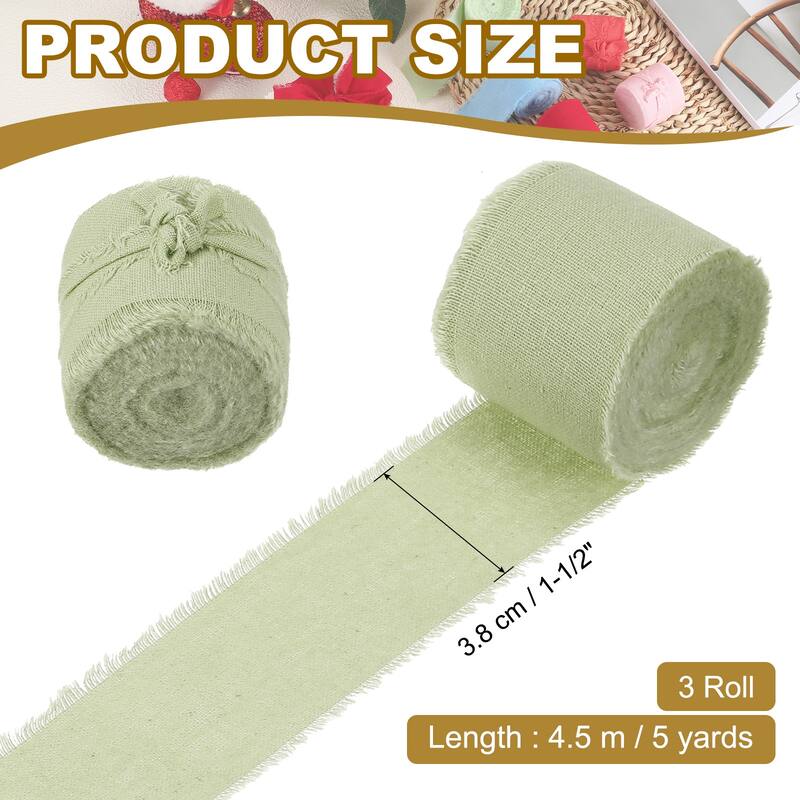 1-1/2"x15 Yd Handmade Fringe Cotton Ribbon Frayed Ribbons 3 Roll - 5Yd - Bamboo Green