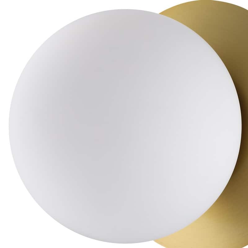 1-Light Damp Rated Brass Wall Sconce with White Glass Shade - 7 in.