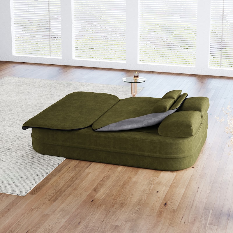 75''2-in-1 Foldable Sofa,Convertible Sleeper Foam Chenille Floor folding Sofa Bed with Multi Functional Blanket,Lounge Sofa
