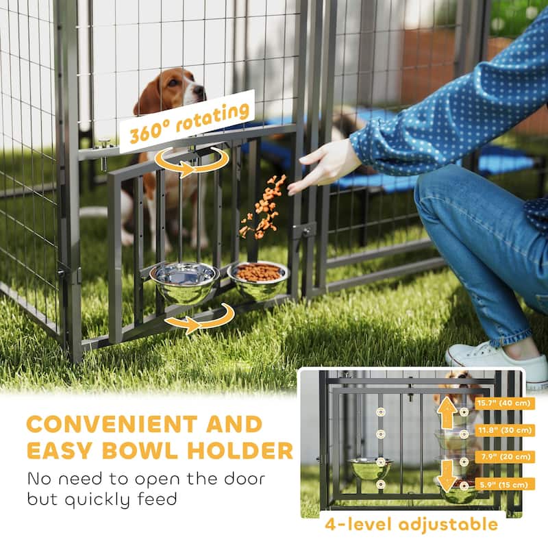 Silver-Black Steel Dog Kennel with PE Cover and Adjustable Bowl Rack - 70.8" W x 48” D x 72" H