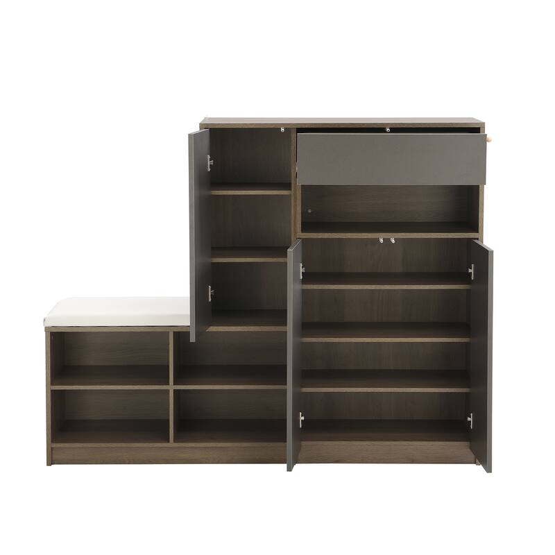 Shoe Storage Bench with Cabinets, Multifunctional Padded Seat Leisure Bench with Adjustable Shelves for Hallway