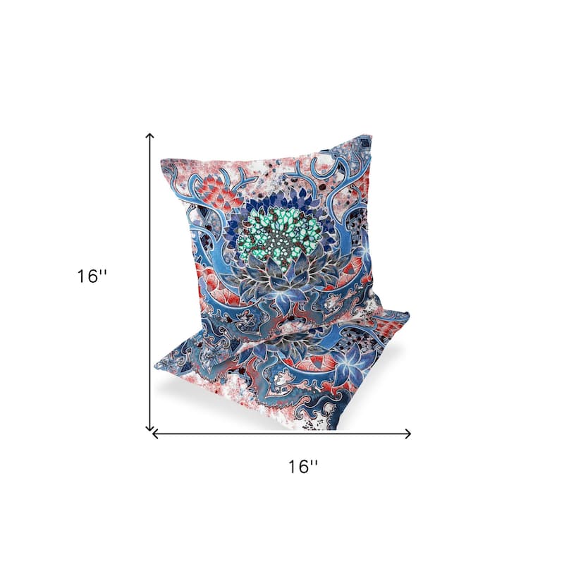 HomeRoots Set of Two 16" X 16" Blue and Pink Blown Seam Floral Indoor Outdoor Throw Pillow - 16.00' X '16.00' X '5.00